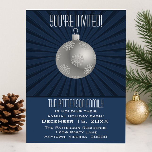 Convite Starburst Stripes Ornament Foliday Party Dark Azul (Blue Starburst Stripes Ornament Holiday Party Invitation)