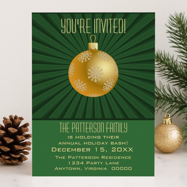 Convite Starburst Stripes Ornament Party, Verde e Dourado (Green and Gold Starburst Stripes Ornament Holiday Party Invitation)