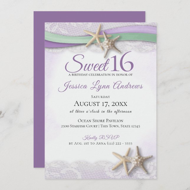 Convite Starfish and Lace Sweet 16 (Frente/Verso)