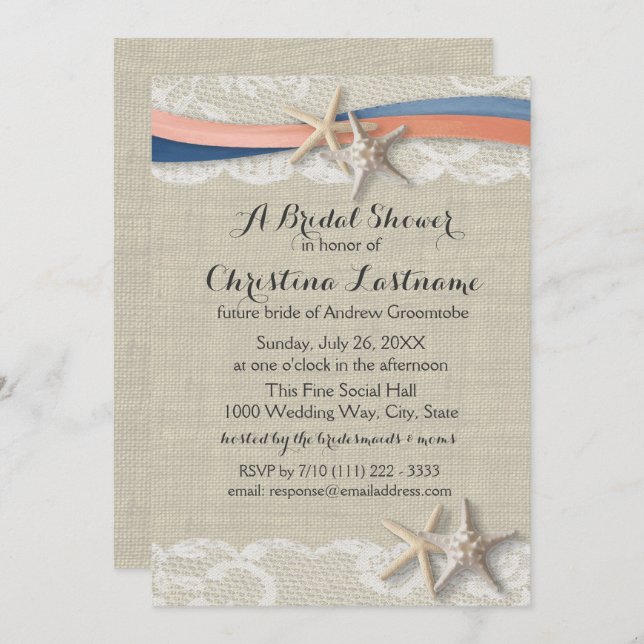 Convite Starfish com Marinho e Chá de panela de fita de co (Frente/Verso)