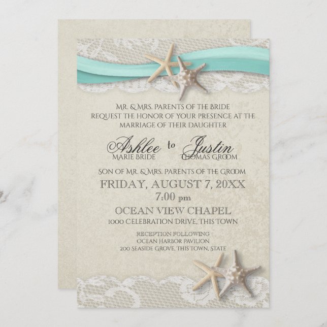 Convite Starfish e Lace Beach Aqua Wedding (Frente/Verso)