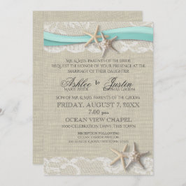 Convite Starfish e Lace Rustic Beach Aqua Weding