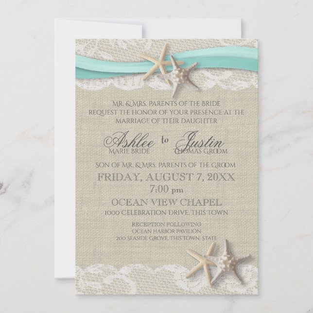 Convite Starfish e Lace Rustic Beach Aqua Weding (Frente)