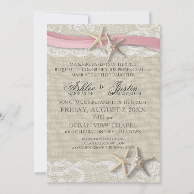 Convite Starfish e Lace Rustic Beach Pink Weding (Frente)
