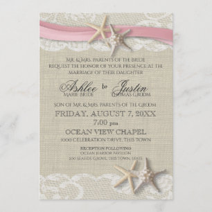 Convite Starfish e Lace Rustic Beach Pink Weding