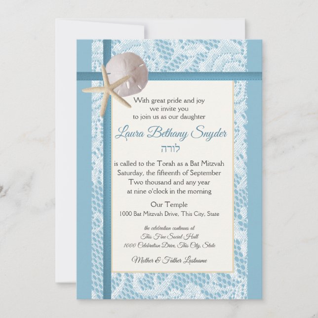 Convite Starfish e Sand Dollar Ocean Bat Mitzvah (Frente)