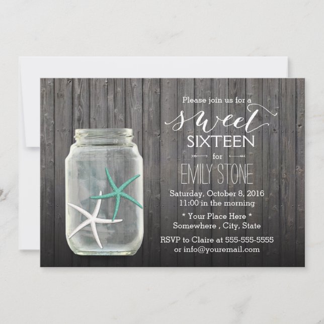 Convite Starfish & Mason Jar Wood Background Sweet 16 (Frente)