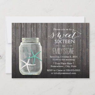 Convite Starfish & Mason Jar Wood Background Sweet 16