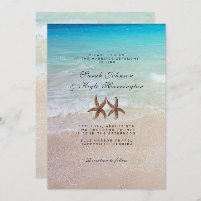 Convite Starfish Por Sea Beach Wedding Invitation (Frente/Verso)