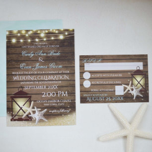 Convite Starfish Rustic Ocean Wood and Lights
