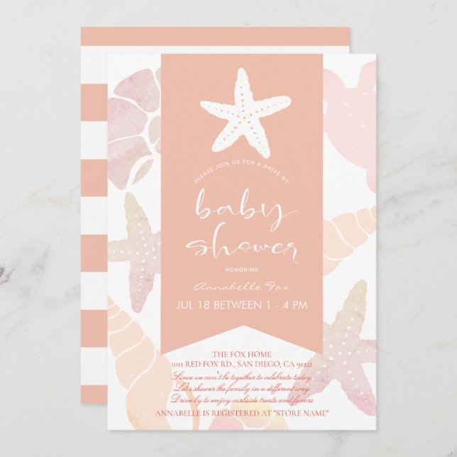 Convite Starfish & Seashells - Chá de fraldas cor-de-rosa (Frente/Verso)