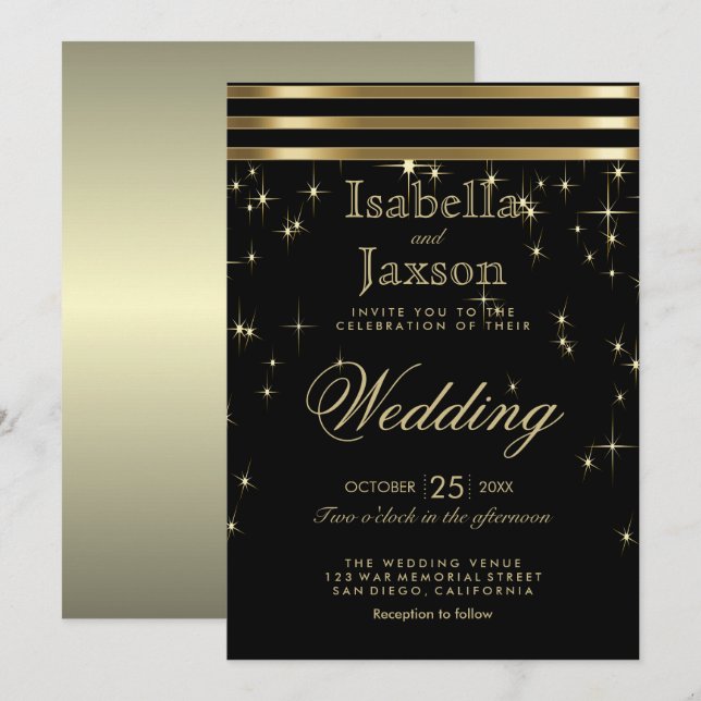 Convite Starlight preto e Dourado com Bares (Frente/Verso)