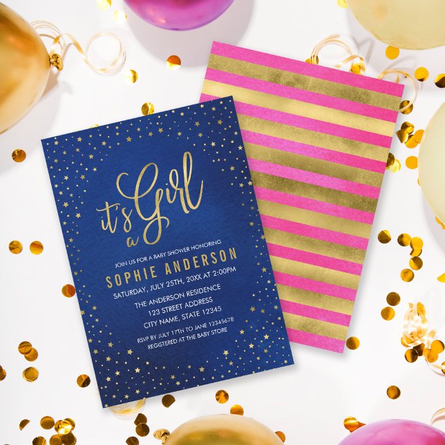 Convite Starry Blue e Pink É um Chá de fraldas de Garota (Criador carregado)