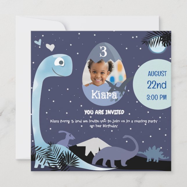 Convite Starry Night Dinosaur Themed aniversário de 3 anos (Frente)