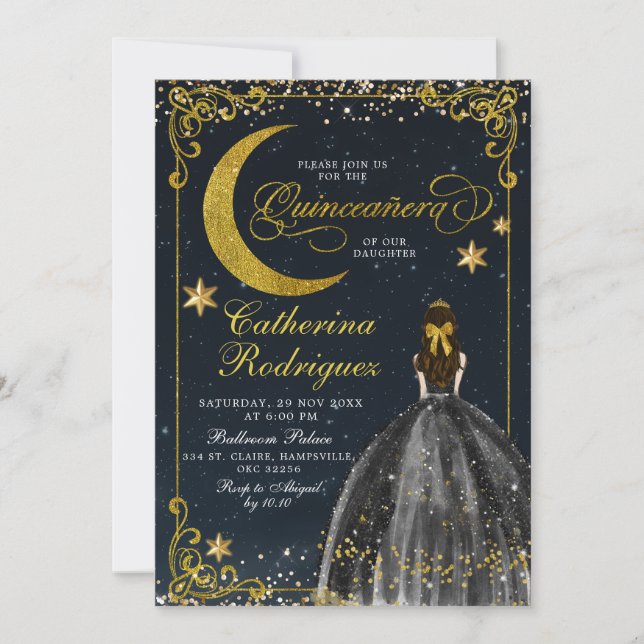 Convite Starry Night Dourado e Black Quinceanera (Frente)
