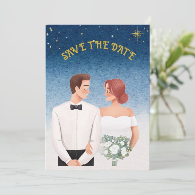 Convite Starry Night Elegance  Romantic Save the Date (Em pé/Frente)