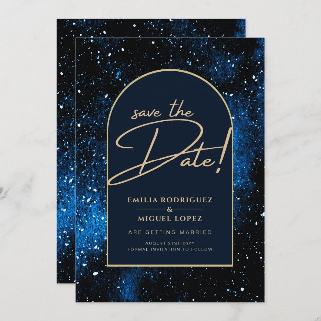 Convite Starry Night Marinho Azul Dourado Casamento SAVE D (Frente/Verso)
