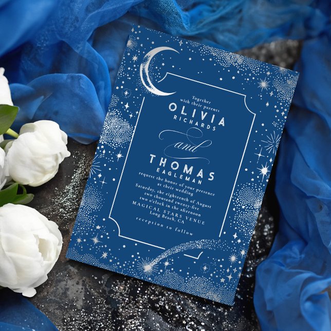 Convite Starry Night Moon A Atirar Casamento Celestial da  (Silver and Navy Blue Celestial Wedding Invitations)