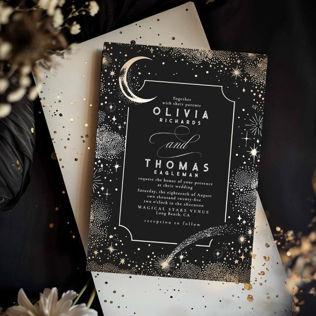 Convite Starry Night Moon A Atirar Casamento Celestial da  (Celestial Starry Night Wedding Invitation)