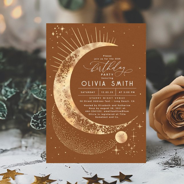 Convite Starry Night Moon Mystical Celestial Birthday (Terracotta Stars Birthday Invitation)