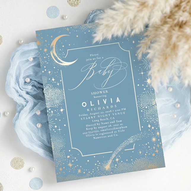 Convite Starry Night Moon Mystical Celestial Chá de fralda (Celestial Dusty Blue Baby Shower Invitation with Crescent Moon and Stars)