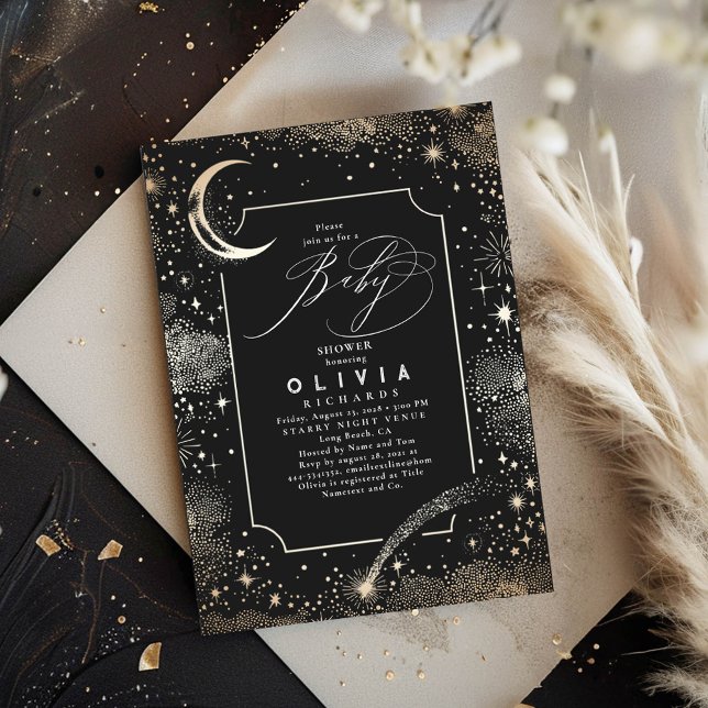 Convite Starry Night Moon Mystical Celestial Chá de fralda (Starry Night Black Baby Shower Invitations)