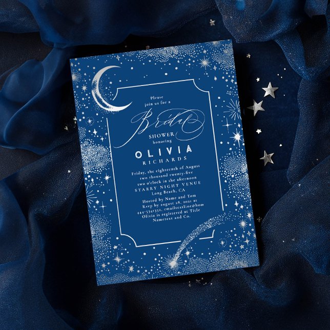 Convite Starry Night Moon Mystical Celestial Chá de panela (Celestial Bridal Shower Invitations featuring silver moon and stars on a navy blue background)
