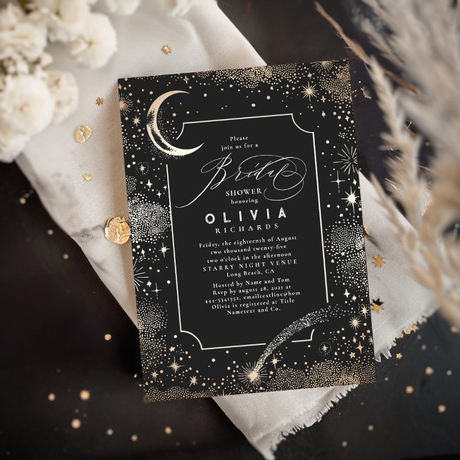 Convite Starry Night Moon Mystical Celestial Chá de panela (Moon and Stars Black Bridal Shower Invitations)
