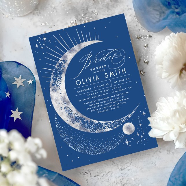 Convite Starry Night Moon Mystical Celestial Chá de panela (Celestial Bridal Shower Invitations in Navy Blue and Silver)