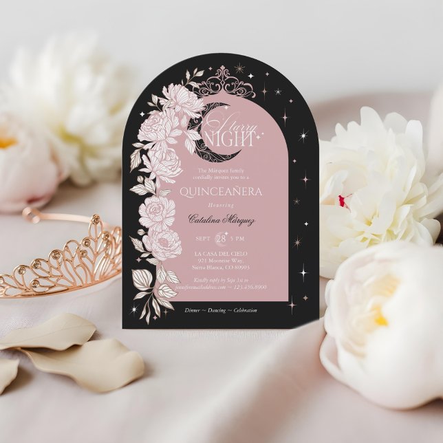 Convite Starry Night Quinceanera Floral Celestial Moon (Starry Night Quinceanera Floral Celestial Moon Invitation)