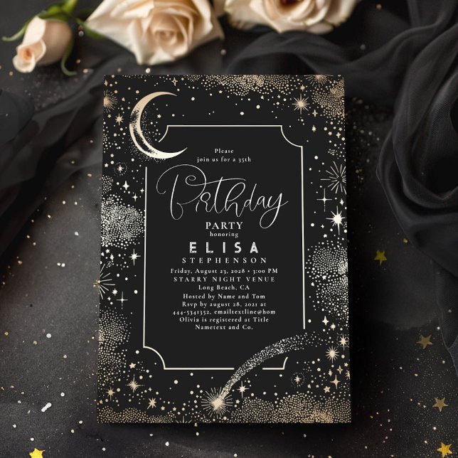 Convite Starry Night Sky Moon Mystical Celestial Aniversár (Celestial Night Sky Stars Moon Black Birthday Invitations)