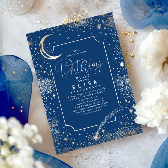 Convite Starry Night Sky Moon Mystical Celestial Aniversár (Celestial Navy Blue and Gold Birthday Invitations)