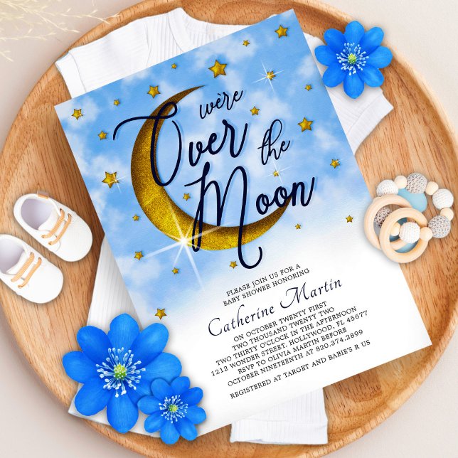 Convite Starry Over The Moon Blue Dourado Baby Boy Chá (Criador carregado)