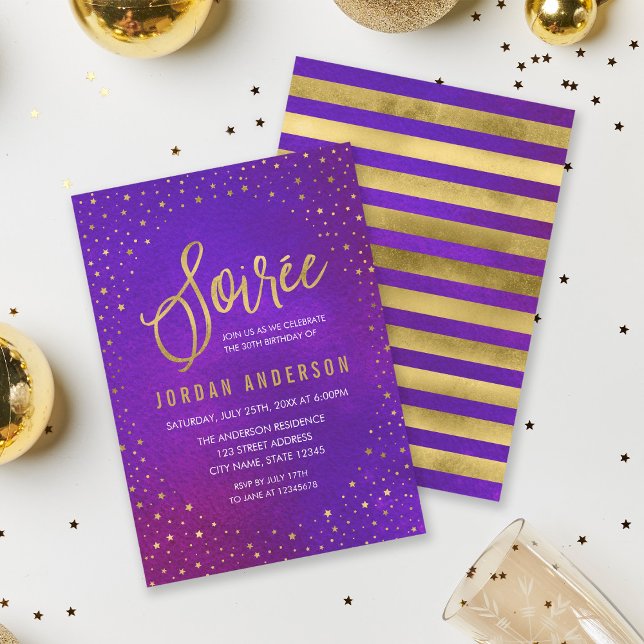 Convite Starry Purple Watercolor Soiree Birthday (Criador carregado)