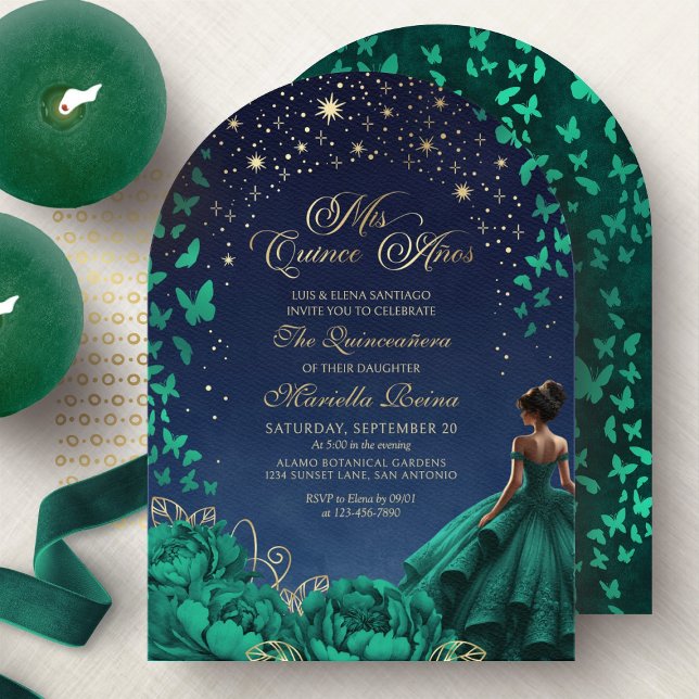 Convite Stars Celestial Night Emerald Green Quinceanera (Criador carregado)
