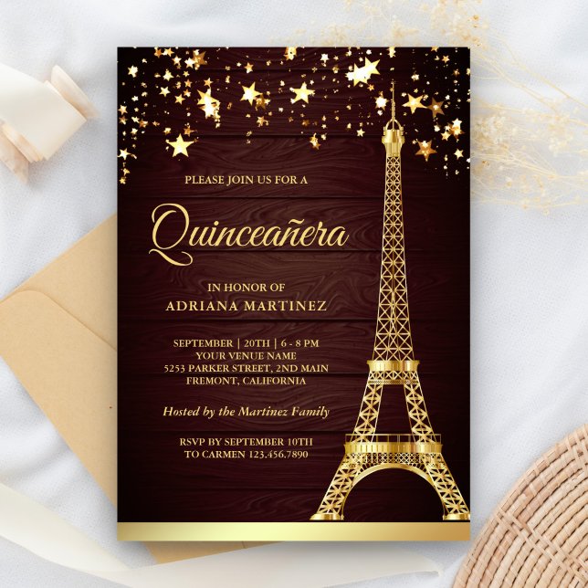 Convite Stars Confetti Gold Foil Eiffel Tower Quinceanera (Criador carregado)