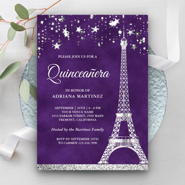 Convite Stars Confetti Silver Eiffel Tower Quinceanera (Criador carregado)