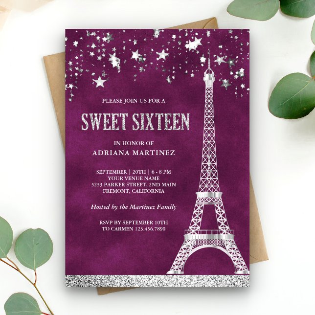 Convite Stars Confetti Silver Torre Eiffel Plum Sweet 16 (Criador carregado)
