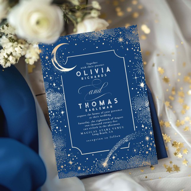 Convite Stars Moon Celestial Marinho Casamento Azul (Celestial Wedding Invitation Navy Blue and Gold Stars)