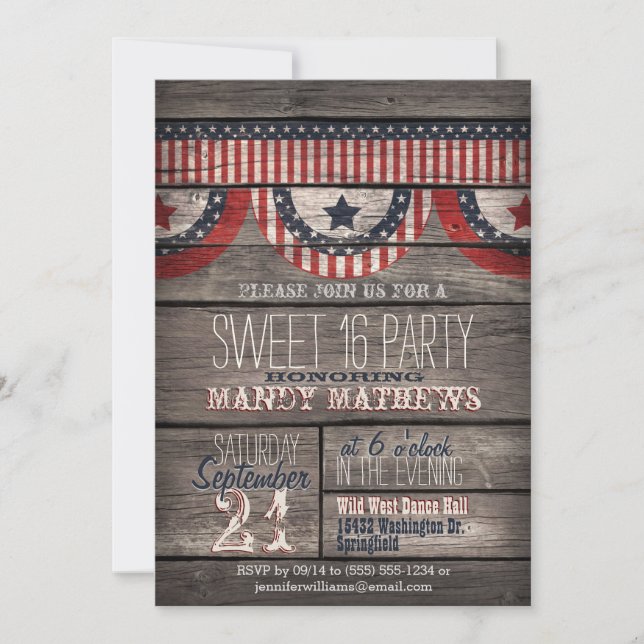 Convite Stars & Stripes no partido Rustic Wood Sweet 16 (Frente)