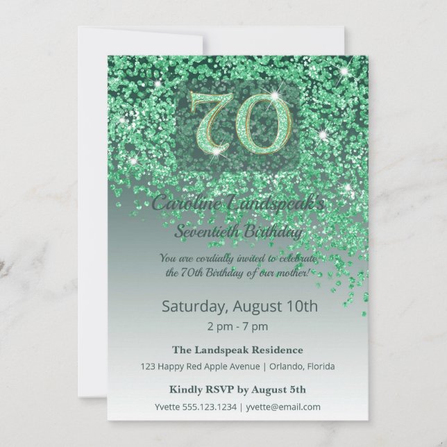 Convite Stately 70th Birthday Emerald Green Glitter (Frente)