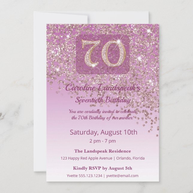 Convite Stately 70th Birthday Rose Gold Glitter (Frente)