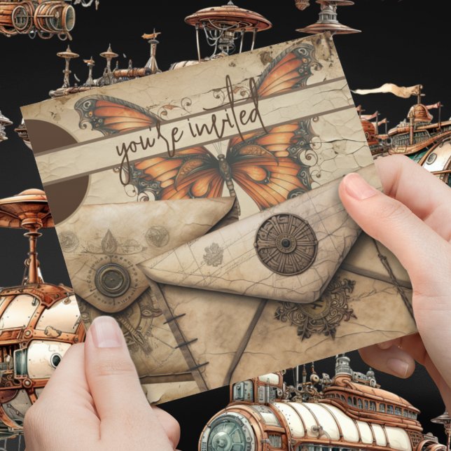 Convite Steampunk | Borboleta Monarca | Aniversário do cou (Steampunk victorian monarch butterfly and secret leather envelope on customizable invitations. )