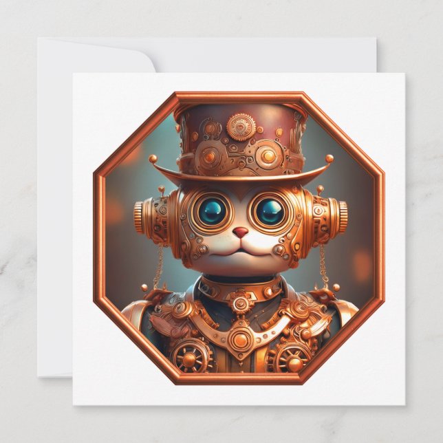 Convite Steampunk Cat Soldier In 8 Sided Bronze Frame (Frente)