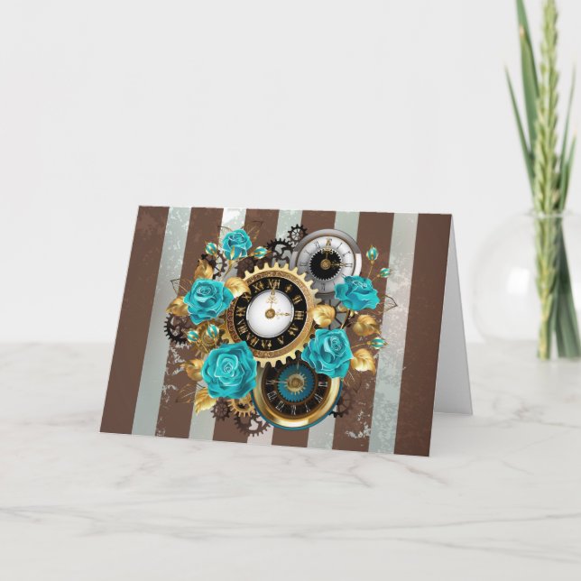 Convite Steampunk Clock and Turquoise Roses on Striped (Frente)