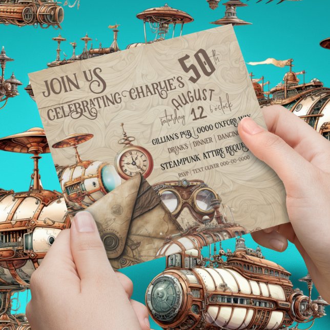 Convite Steampunk com a Celebração de Óculos de Mapas Blim (Chic industrial steampunk collage with airships and goggles on customizable party invitations. )