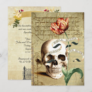 Convite Steampunk Skull Floral Halloween 4,5" x 6,25"