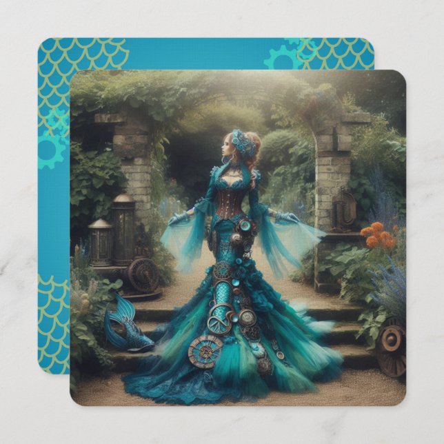 Convite Steampunk Vintage Victorian Lady Teal Mermaid (Frente/Verso)