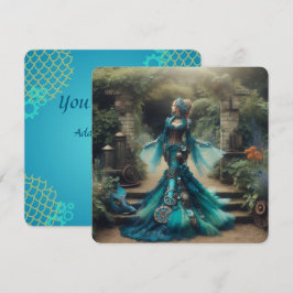 Convite Steampunk Vintage Victorian Lady Teal Mermaid