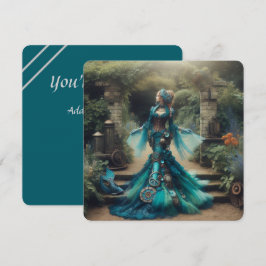 Convite Steampunk Vintage Victorian Lady Teal Mermaid